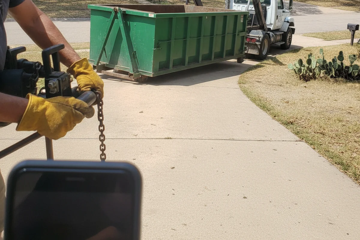 Roll-off truck delivering a dumpster in Cibolo, TX
