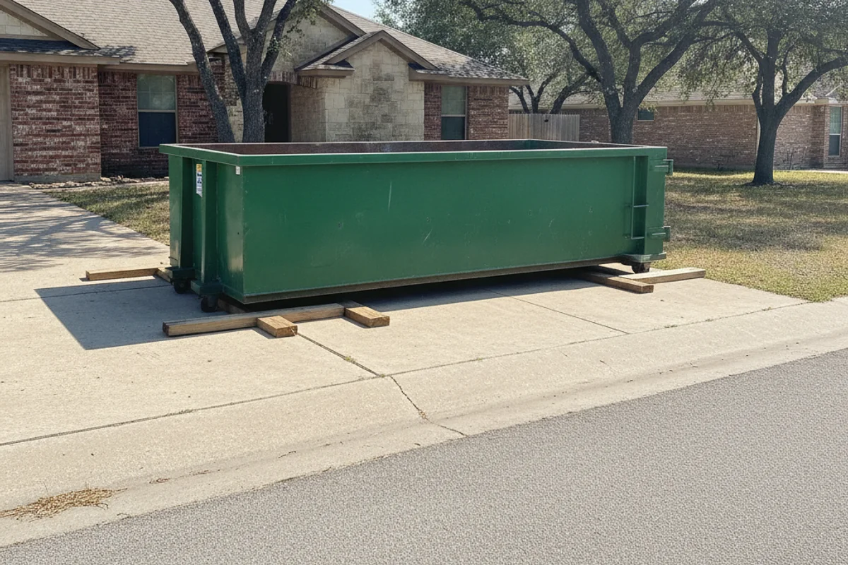 Roll-off dumpster placed neatly on a driveway in the Cibolo, TX area