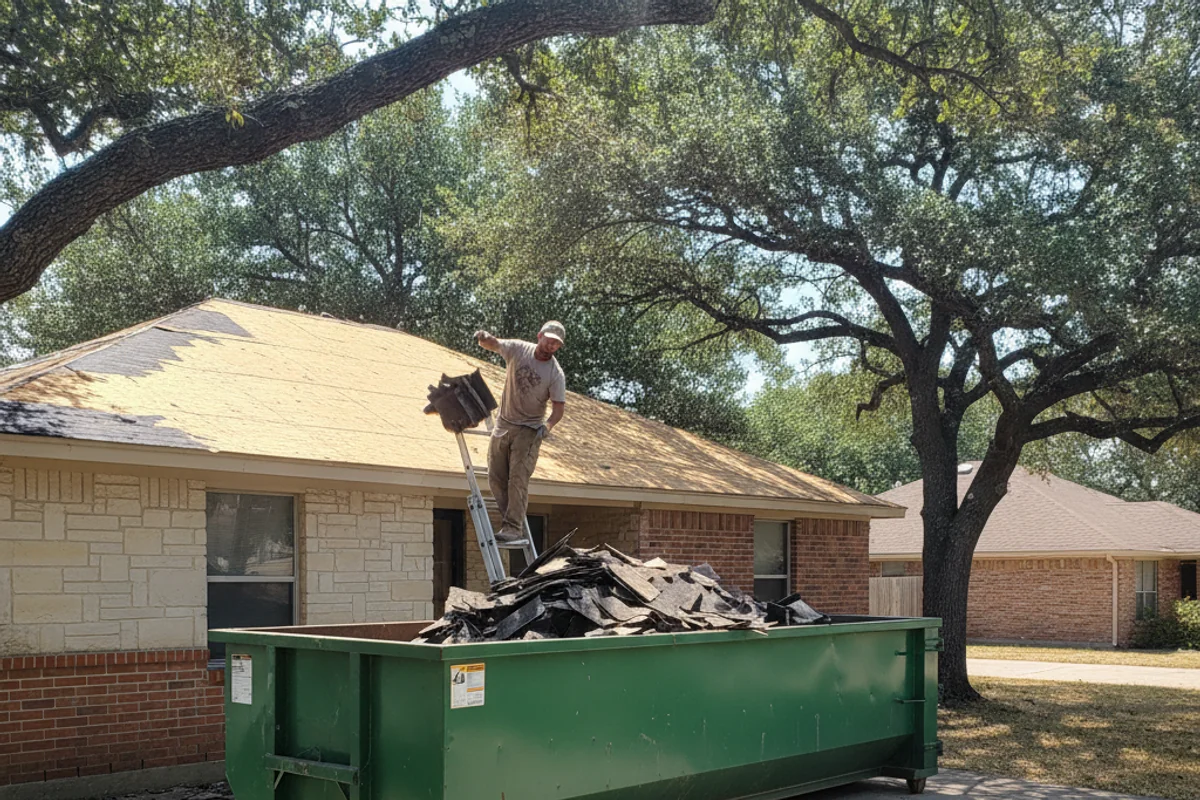 Roofing dumpster during a shingle tear-off in Cibolo, TX