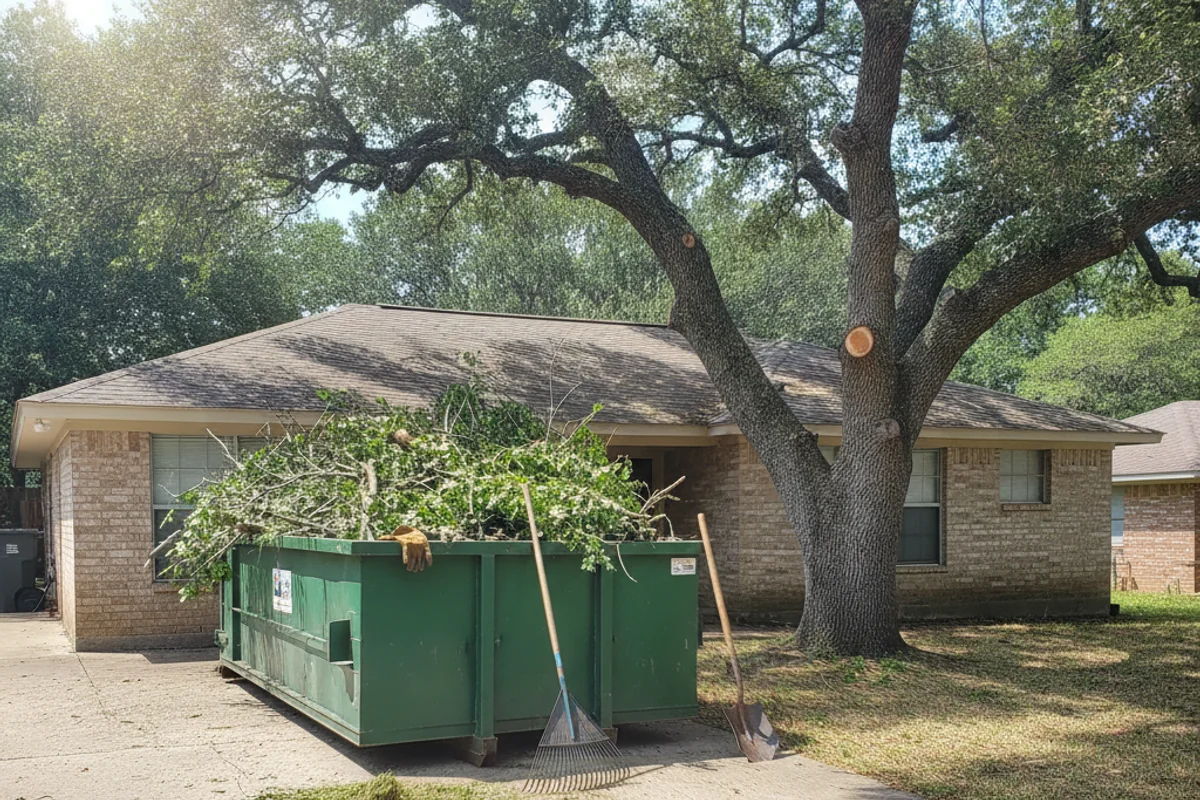 Dumpster filled with yard waste and brush in the Cibolo area